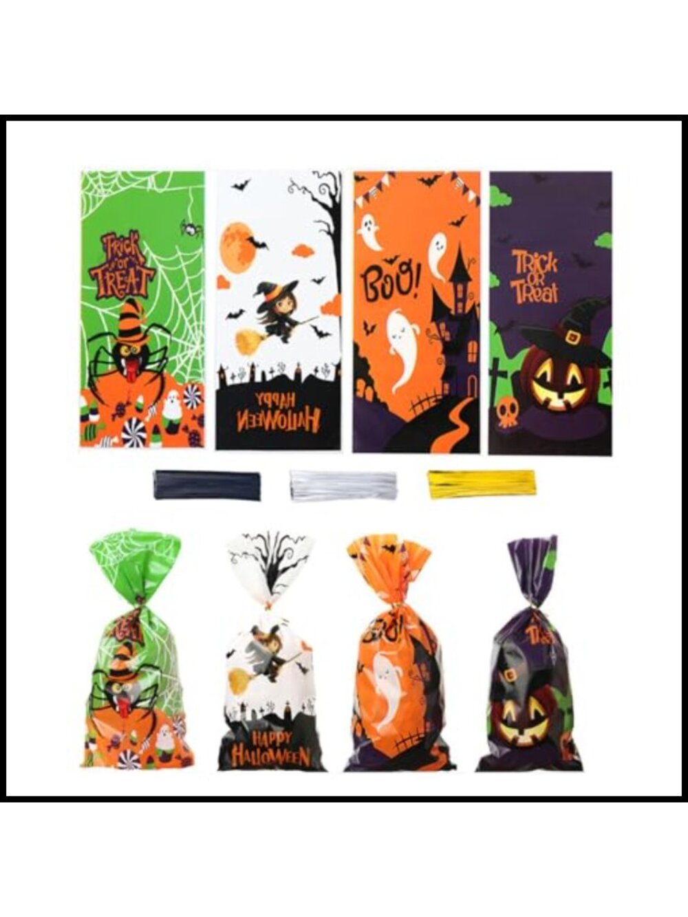 160PCS Halloween Cellophane Treat Bags OPP Plastic Goodie Candy Bags Twist Ties